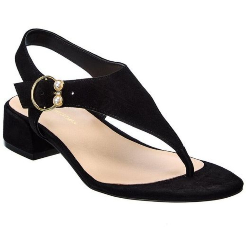 Stuart Weitzman Women's Black Pearlring T-strap Suede Sandal